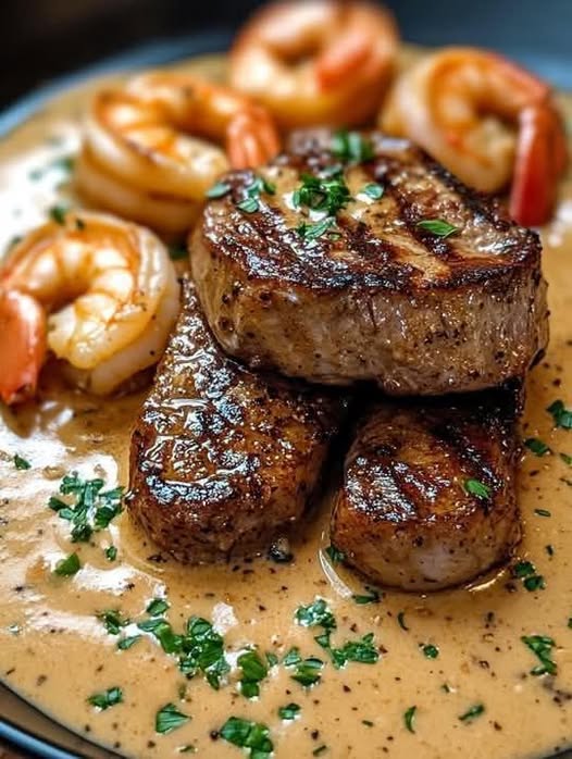 Steak in Creamy Cajun Shrimp Sauce