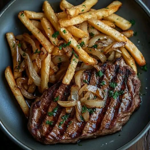 Grilled Ribeye Steak with Sautéed Onions & Fries – The Ultimate Steak Night