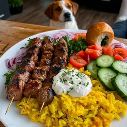 Mexican Grilled Meat Skewers with Yellow Rice & Fresh Vegetables