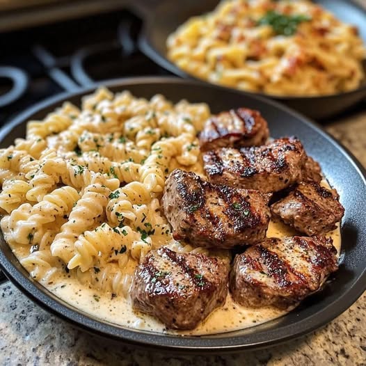 Garlic Butter Steak Bites & Cheesy Alfredo Twists