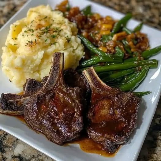 Pan-Seared Lamb Chops with Mashed Potatoes and Sautéed Green Beans