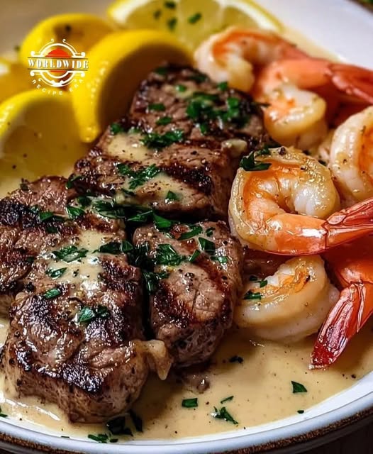 Creamy Lemon Garlic Butter Steak and Shrimp