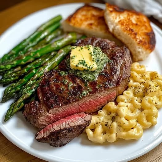 Seared Ribeye Steak with Herb Butter, Grilled Asparagus, Garlic Bread & Creamy Mac and Cheese: A Luxurious Feast