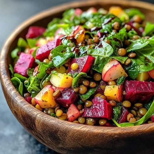 Beetroot, spinach and lentil, honey balsamic vinegar salad