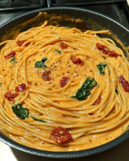 Spaghetti with Creamy Sun-Dried Tomato & Spinach Sauce – A Rich and Flavorful Pasta Dish