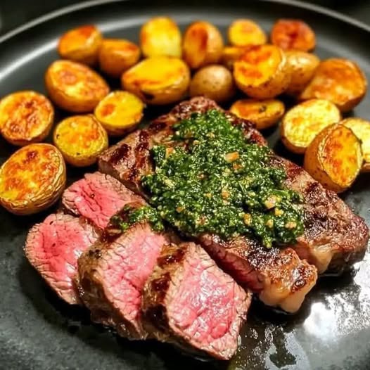 Sizzling Steak with Chimichurri and Roasted Potatoes