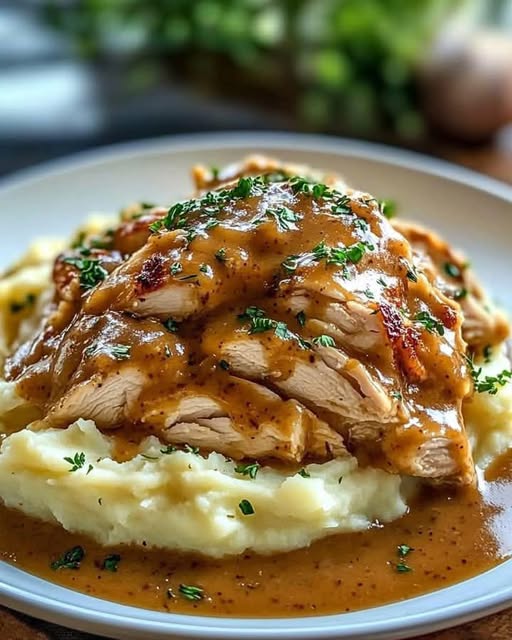 Savory Shredded Chicken with Creamy Gravy Over Mashed Potatoes