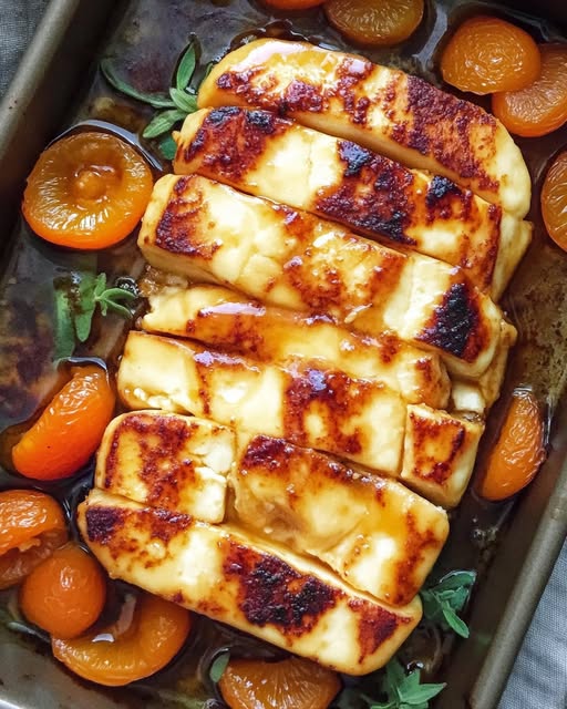 Baked Whole Halloumi with Apricots and Honey