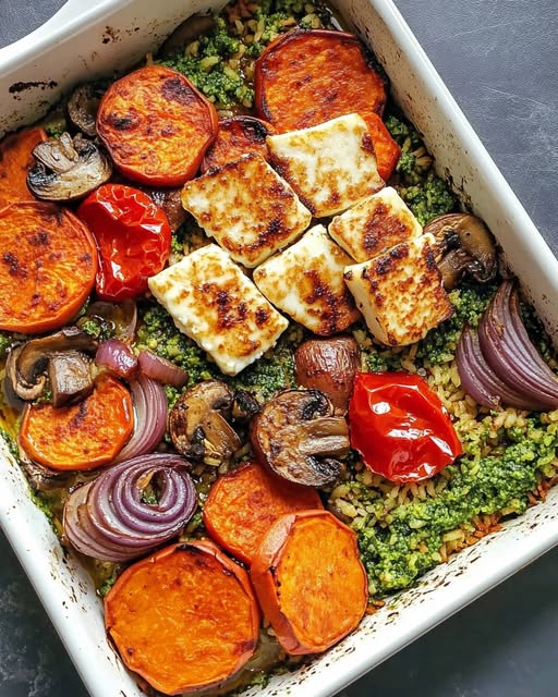 Halloumi Tray Bake with Pesto Rice & Roasted Vegetables