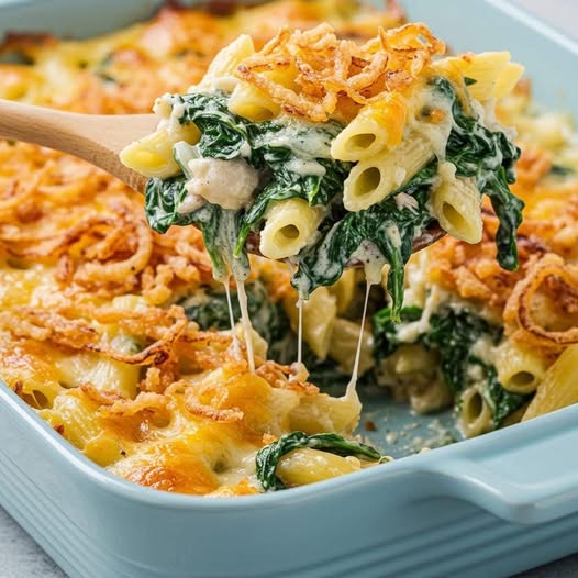 Cheesy Spinach Spaghetti Bake with Crispy Fried Onions