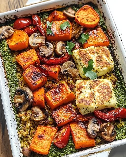 Halloumi Tray Bake with Pesto Rice & Roasted Vegetables: A Flavorful and Wholesome Meal