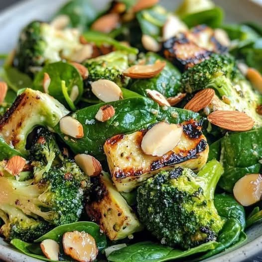 Grilled Halloumi & Roasted Broccoli Salad with Spinach & Almonds