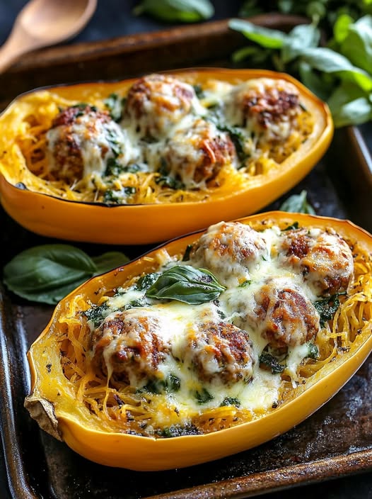 Spaghetti Squash with Cheesy Meatballs & Garlic Herb Butter