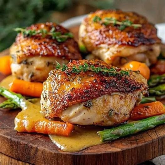 Crispy Baked Chicken Thighs with Honey Mustard Thyme Sauce