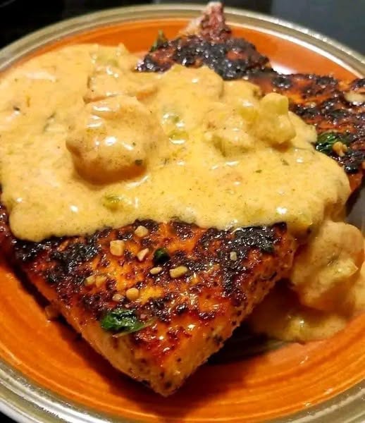 Blackened Salmon Topped with Cajun Cream Sauce with Shrimp