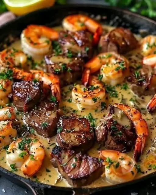 Steak and Seafood Skillet with Garlic Parmesan Cream Sauce