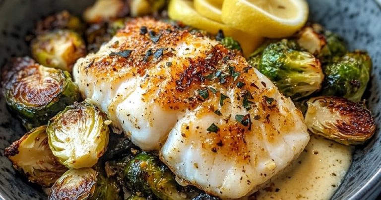 Lemon Garlic Butter Cod Bowls with Roasted Brussels Sprouts