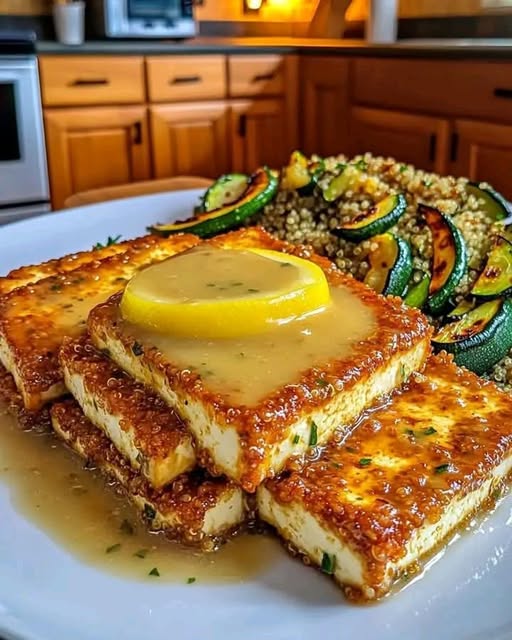 Crispy Herb Tofu Slices with Garlic-Lemon Drizzle