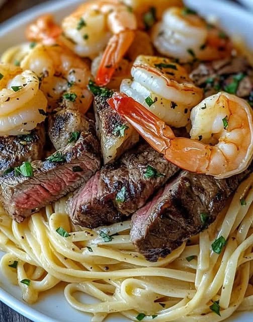 Garlic Butter Steak & Shrimp Pasta